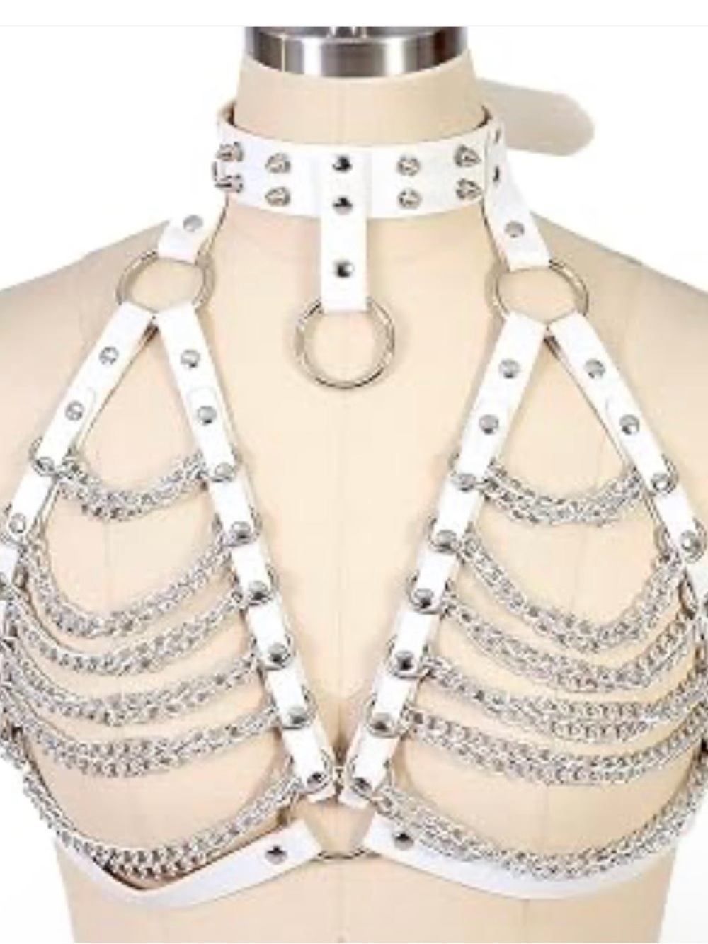 Dolls Kill White Faux Leather Chain Harness Bralette